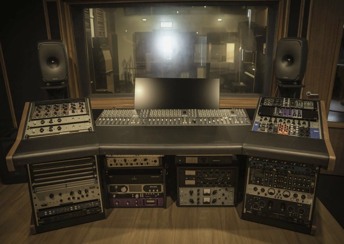 The mixing console and control room at South Creek Recording Studio